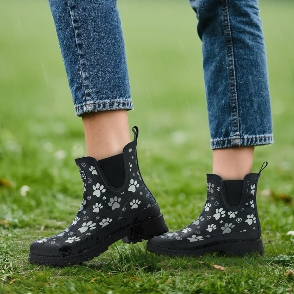Norty Rain Boots Women 8 Black Paw Print Waterproof Chelsea Lug Sole 654 NWT - Picture 2 of 16